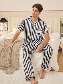 Men's Black & White Striped Heart Print Satin Lapel Short Sleeve Pajama Set - Multicolor - View 2