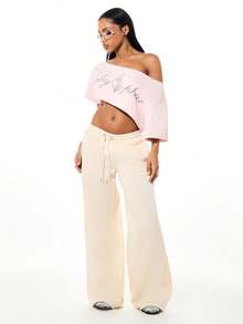 BABYPHAT 宽松运动裤，饰有贴花细节，宽松版型，阔腿设计，抽绳腰带，休闲居家裤 - 杏色 - 查看 5