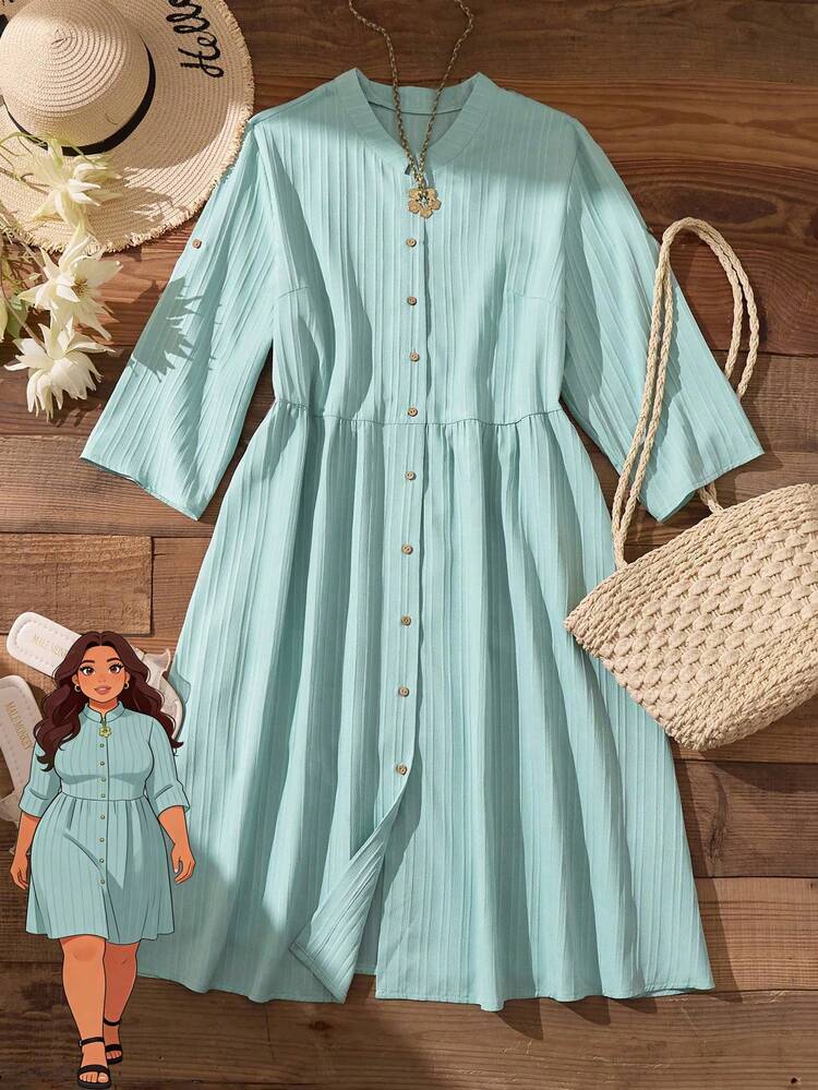 Plus Size Women's Solid Color Single-Breasted Casual Loose Dress For Summer/ Vacation  Summer Dress  Summer Outfits Summer Clothes Spring Dress Spring Outfit Women Spring Clothing Country Style For Women Country Dress For Women Summer Dress With Sleeve Modest Summer Dress Picnic Dress For Woman Cottagecore Dress