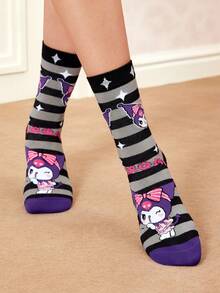 HELLO KITTY AND FRIENDS | SHEIN 柔软透气吸湿排汗休闲条纹女士中筒袜，搭配时尚可爱卡通黑色船袜，加固袜头和袜跟，经久耐穿，四季皆宜，夏季冬季百搭图案袜 - 彩色 - 查看 5