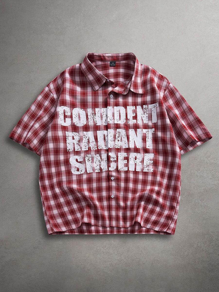 STYNVO 男士标语格子印花短袖单排扣休闲衬衫 - 粉色 - 查看 1