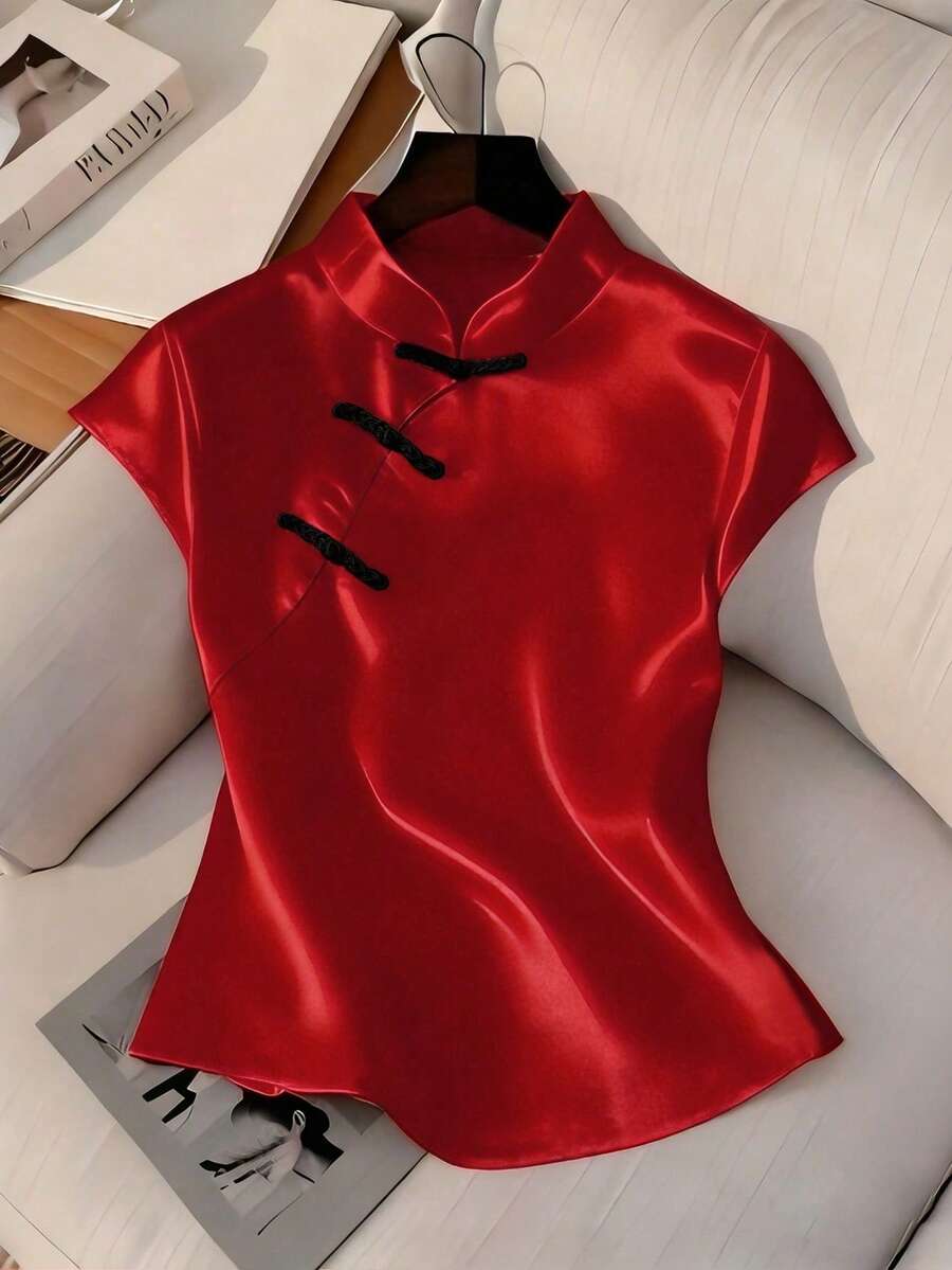 Franclia Summer Women's Stand Collar Top, Elegant Party Shirt For Women, New Chinese Style Plate Button Short-Sleeved Party Casual Short Red Top, Elegant Top For Women, Casual Fitted Waist Top For Women - Red - View 1