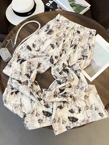 GlowEve Women's Fashion Casual Ink Butterfly Print Elastic Waist Drawstring Straight Leg Pants, Suitable For Daily Wear - Multicolor - View 7