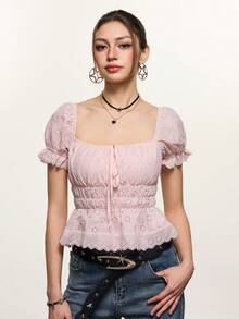 Rina Fox 2026 Women's Hollow Embroidery Square Neck Short Sleeve Blouse - Apricot - View 3