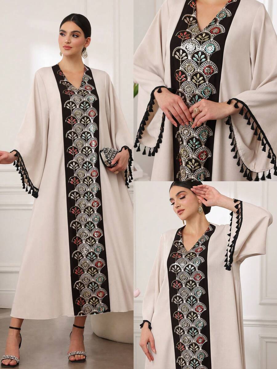 Al Najma Women's Retro Sequin Embroidery Tassel Sleeve V-Neck Maxi Arabic Robe - Multicolor - View 1