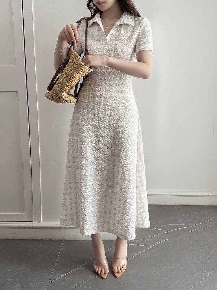 Women's Casual Houndstooth V-Neck Short Sleeve Dress, Suitable For Summer Vacation, Daily Commute