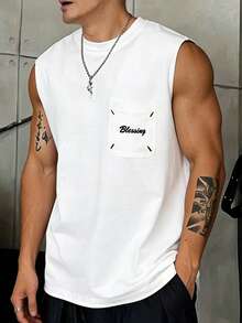 Manfinity Dauomo Casual Fashion Men's Letter Print Pocket Round Neck Tank Top - White - View 3