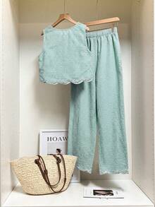 SHEIN Frenchy Women's Round Neck Shell Trim Plaid Print Camisole And Pants Casual 2 Pieces Set - Mint Green - View 2