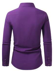 Manfinity Mode Men's Purple Plain Long Sleeve Regular Fit Business Formal Button Front Shirt Collar Top - Purple - View 2