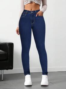 SHEIN Tall Tall Women's Stretch Washed Denim Skinny Jeans - Royal Blue - View 4