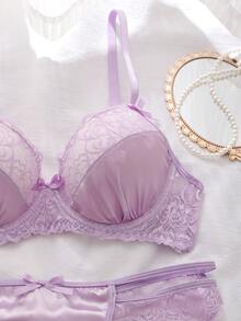 DelicateAllure Lavender Butterfly Jacquard Lace Patchwork Satin Bow Decor Sexy Hollow Multi-Strap Lingerie Set - Mauve Purple - View 5