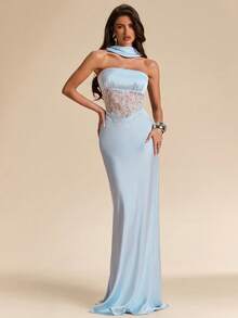 SHEIN BAE 女士蓝色蕾丝拼接无袖A字连衣裙，优雅大方，适合婚礼宾客、派对、度假、宴会、晚宴、浪漫约会等场合。 - 藍色 - 查看 4