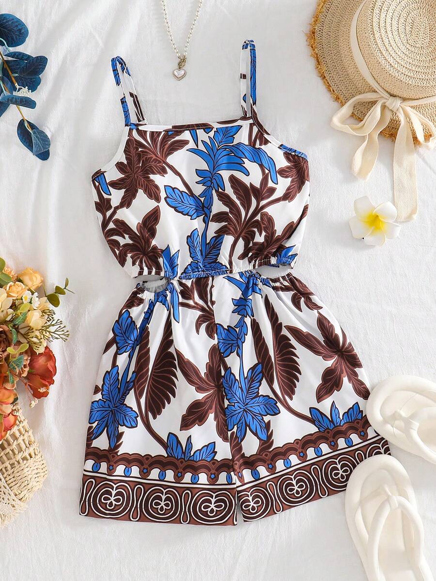 Sparklyn 梭织印花吊带背心，女士扭结镂空无袖连体裤，印花图案女士夏季服装，女士度假装，波西米亚风时尚，女士沙滩装，休闲飘逸波西米亚风女士服装，女士热带风情服装