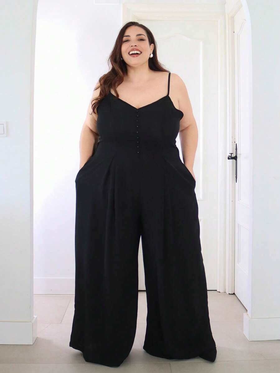 Pretty and Ole Bộ đồ liền thân ống rộng xếp ly dây nút sang trọng, thanh lịch cỡ lớn dành cho nữ, mùa xuân/hè - màu đen - Xem 1