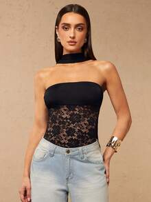 Silquee A Sexy Black Lace-Trimmed, Backless, Flowy-Neck, Partially Sheer Bodysuit, Suitable For Nightclub Parties, Everyday Wear, Holidays, Vacations, And Other Occasions. - Black - View 4