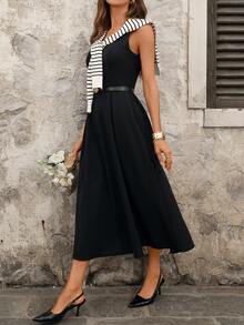 Ellevyn 优雅女士圆领收腰A字中长连衣裙，配条纹披肩两件套，适合通勤、约会、外出、度假、婚礼宾客、晚礼服等场合。 - 黑與白 - 查看 3