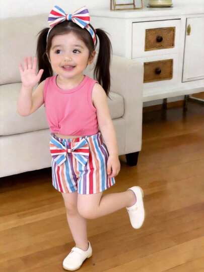 SHEIN Vintaside Kids 1 Piece Toddler Little Girls Kids Casual Stylish Sweet Colorful Vertical Striped Rainbow Pattern Bow Front Knot Hem Sleeveless Tank Tops T-Shirt And Elastic Waist Shorts Pants Trousers Two Piece Outfits Sets For  Party Summer Spring To Summer Primavera A Verano Toddler Girl Striped Shorts Girls Summer Outfit Baby Girls Sets
