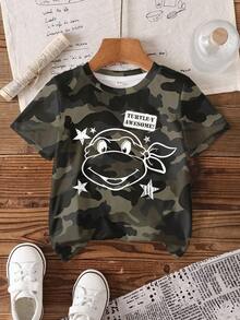 TEENAGE MUTANT NINJA TURTLES | SHEIN Young Boy Letter & Cartoon Camo Print Round Neck Short Sleeve T-Shirt Casual Daily - White - View 1