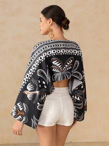 Swim Oasis Women's All-Over Print Knotted Casual Vacation Kimono Cover Up - Black - View 3