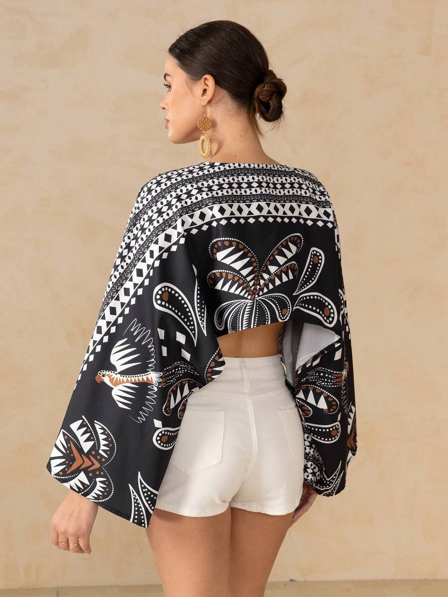 Swim Oasis Women's All-Over Print Knotted Casual Vacation Kimono Cover Up - Black - View 1