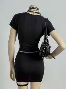 EgrlEra Đầm ngắn ôm sát gợi cảm phong cách Y2K dành cho nữ - màu đen - Xem 2