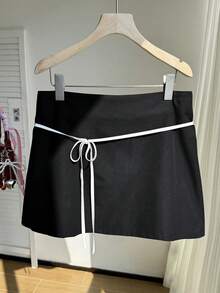 Comfortcana Women's Plus Size,Valentine Day,Black Tie Waist Skirt Drawstring Skirt Tie Skirt Skirt With Bow Mini Skirt Black Skirt Skirt For Women - Black - View 3