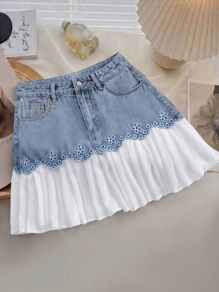 GlowEve 女士刺绣撞色褶裥口袋休闲牛仔裙 - 藍色 - 查看 1