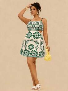 Travachic 大码女式休闲碎花镂空露背无袖夏季度假连衣裙 - 綠色 - 查看 3