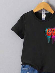 男童休闲舒适时尚百搭创意趣味彩色涂鸦篮球及数字“67”字母印花短袖T恤，适合男童户外运动穿着。 - 黑色 - 查看 4