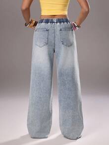 TRNVIE 时尚休闲弹力腰抽绳口袋低腰阔腿牛仔裤 - 中等水洗藍 - 查看 2