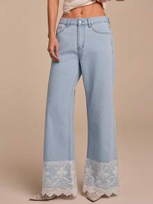 COSMINA Denim Quần jean nữ, thiết kế phối ren, có túi, màu xanh denim, phù hợp cho kỳ nghỉ hè và mặc hàng ngày, quần jean nữ thanh lịch. - Màu xanh lam - Xem 3