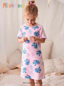 1 Pack Baby Girls' Cute Rabbit Print Short Sleeve Knit Dress Pajamas, Spring/Summer - Pink - View 4