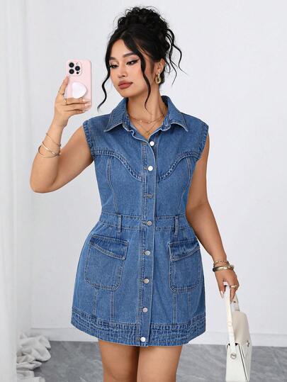 Elenzga Plus Size Dam Elegant & Bekväm Ljusblå Ärmlös Denimklänning