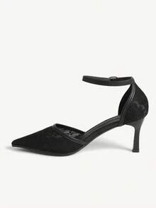 CUCCOO CHICEST Women Shoes Pointed Medium High Heel Black Lace Ankle Strap Hollow Women's High Heel Shoes Fashion Elegance Sexy Wedding Party Hollow Women's Shoes - Black - View 4