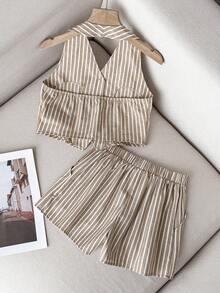 Firerie Kids Firerie Kids Tween Girl Casual Khaki Striped Metal Decor Backless Crop Top And Shorts Set, Commuting Outfit - Khaki - View 8