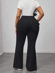 Truni Women Plus-Size Knitted Elastic Solid Color Flare Pants With Pocket, For Pear Triangle Body Shape - Black - View 2