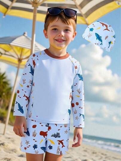 SHEIN 3件套男童休闲夏季度假椰树图案长袖短裤套装，含遮阳帽，适合春夏季穿着，居家、外出、旅行、海滩、泳池派对等场合。