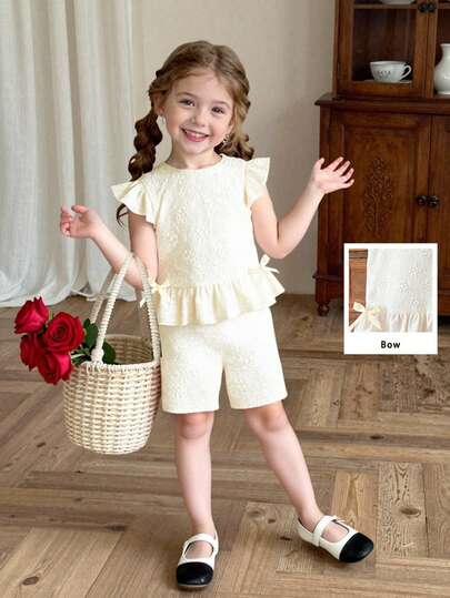 Conjunto de 2 piezas de top sin mangas con textura de jacquard de unicolor + shorts de unicolor con textura para niñas, adecuado para fiesta, escuela, exterior, juego, primavera/verano