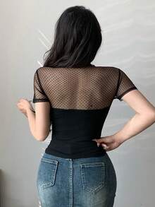 Joudiya 女士波点网纱拼接短袖衬衫 - 黑色 - 查看 6