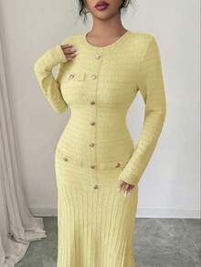 Modelyn Elegant Long Burgundy Oval Collar Dress For Women, Suitable For Outings In Winter - Yellow - View 7