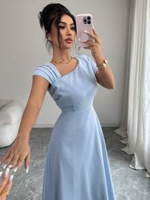 Modelyn 女士纯色褶皱优雅收腰中长连衣裙，适合派对穿着 - 藍色 - 查看 6