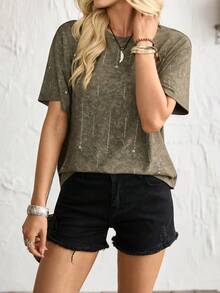 Florisole Fashionable, Casual, Loose-Fitting, Round Neck, Short-Sleeved, Retro Tie-Dye Top With Sparkling Rhinestones, Women's Spring/Summer T-Shirt, Women's Casual Top For Going Out. Womens Graphic Tees Drop Shoulder Tee Rhinestone Shirt Sparkle Top Glitter Top Women - Green - View 6