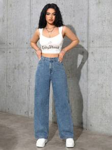 SHEIN ICON 大码女式复古街头风灰色无弹直筒牛仔裤 - 淺色水洗藍 - 查看 5
