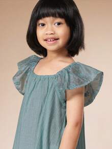 SUMWON Girls Sage Peplum Hem Broderie Cap Sleeve Dress With Ruffle Detail For Summer Occasions Casual Party Wear Mini Length A-Line Style - Green - View 5