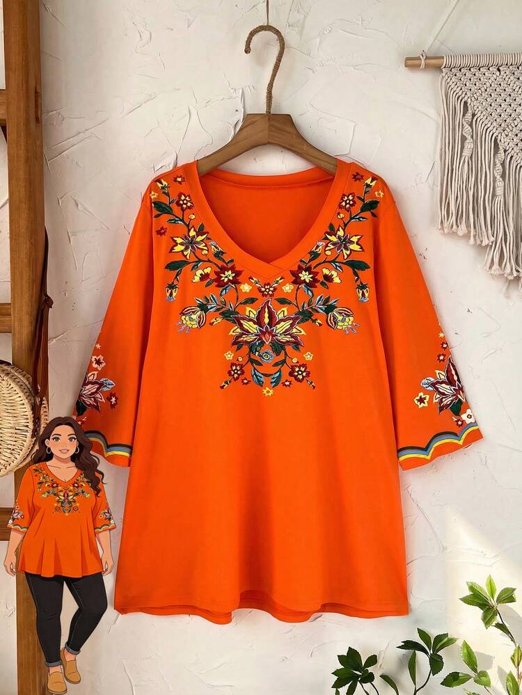 Plus Size Women Floral Print V-Neck Loose Casual T-Shirt For Summer/ Vacation Summer Top Spring Country Style