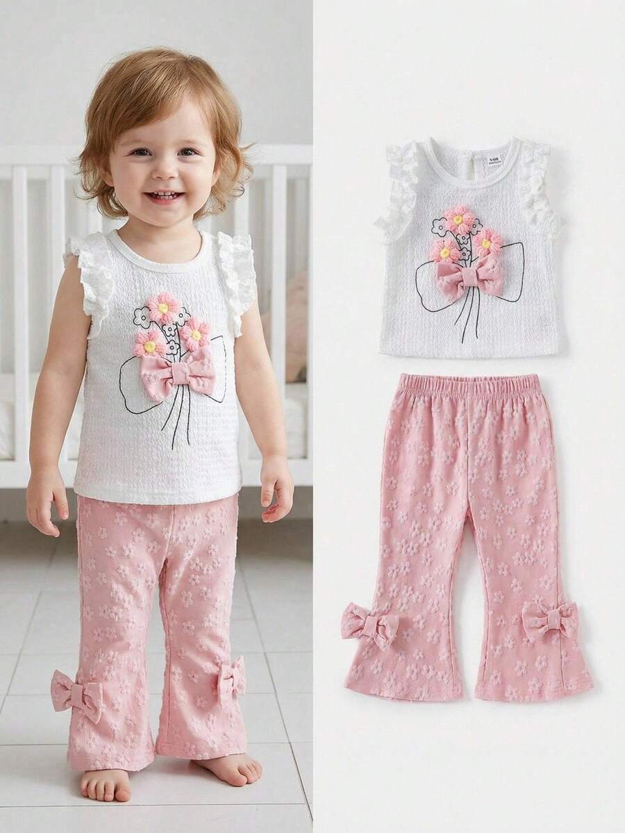 Conjunto de 2 piezas de top con volantes de tela texturizada y pantalones para niñas bebé, con estampado floral, de jacquard dulce, atuendo casual de verano - Rosa - Ver 1