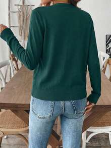 女士休闲日常办公通勤简约纯色纽扣前开衫，秋季款 - 墨綠色 - 查看 2