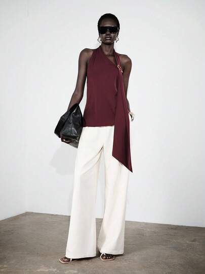 Lumivelle Women's Solid Color Sleeveless Halter Neck Casual Top