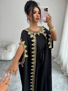 SHEIN Elenzya Women's Sleeveless Open Front Gold Lace Splice Cuff Long Cardigan & Fitted Maxi Dress 2-Piece Set, Elegant For Party - Black - View 5