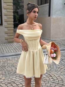 Lucivie 女士优雅杏色高领露肩束腰荷叶边泡泡袖休闲度假迷你连衣裙 - 淡黃色 - 查看 10